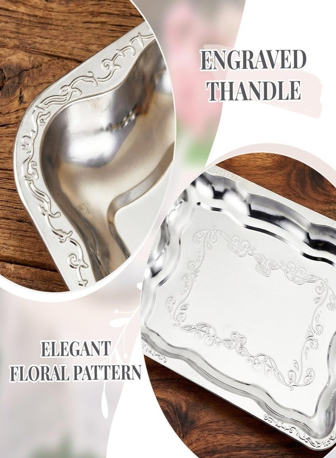 Tiangrid 4 Pcs Silver Serving Tray 15.75 x 11.61 Inch Elegant Floral Stainless Steel Plate Silver Platter for Buffet Wedding Party Jewelry Decorative, Rectangle - Image 3