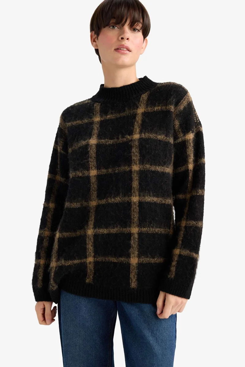 ديفاكتو Oversize Fit Half Turtleneck Plaid Knitwear Pullover
