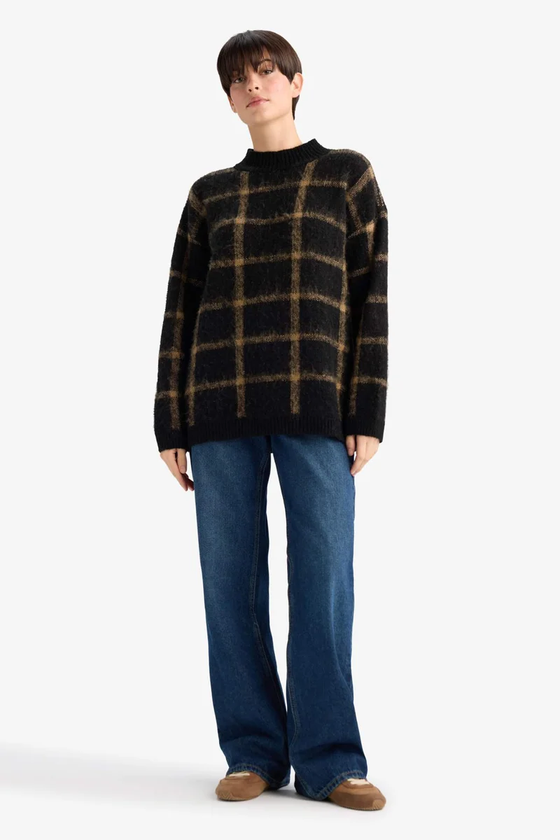 ديفاكتو Oversize Fit Half Turtleneck Plaid Knitwear Pullover