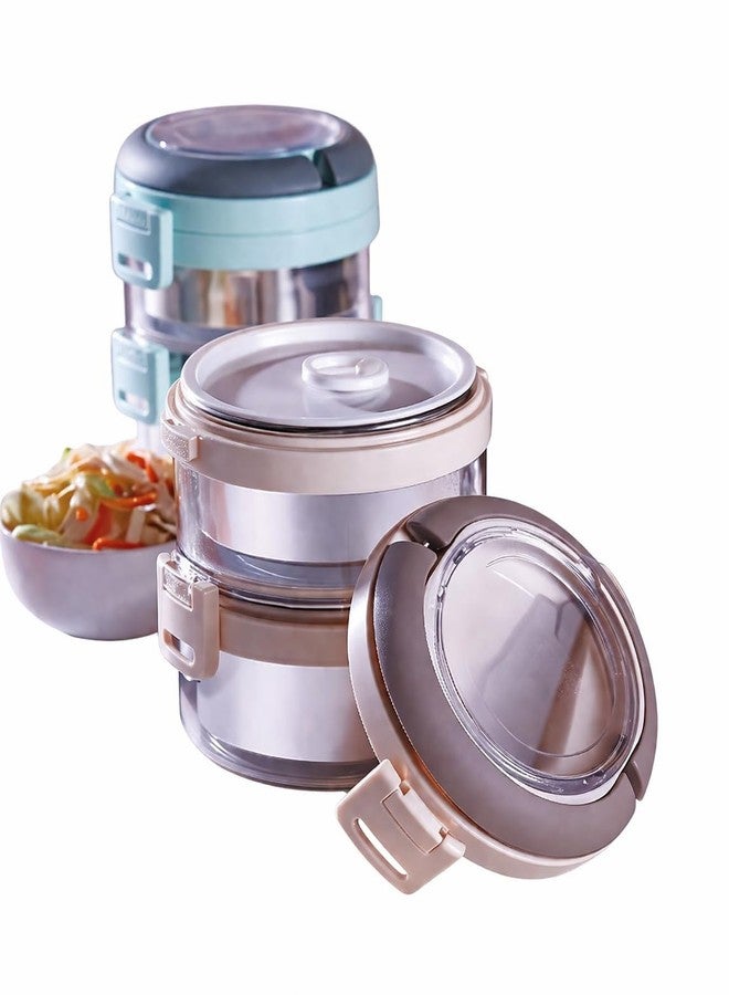 Gcrox Stainless Steel 2 Layer Lunch Box with Spoon, 750ml Leak Proof Tiffin Box, Air Tight Food Storage Container for Office, School, Travel, Easy to Carry Portable Lunch Box - Image 1