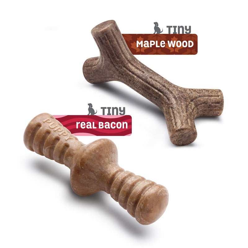 Benebone Puppy 2-Pack Maplestick/Zaggler Durable Dog Chew Toys for Gentle Chewers, Real Bacon, Real Maplewood, Made in USA, Tiny - Image 3