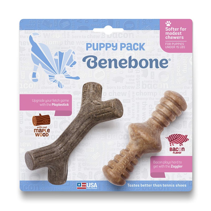 Benebone Puppy 2-Pack Maplestick/Zaggler Durable Dog Chew Toys for Gentle Chewers, Real Bacon, Real Maplewood, Made in USA, Tiny - Image 1
