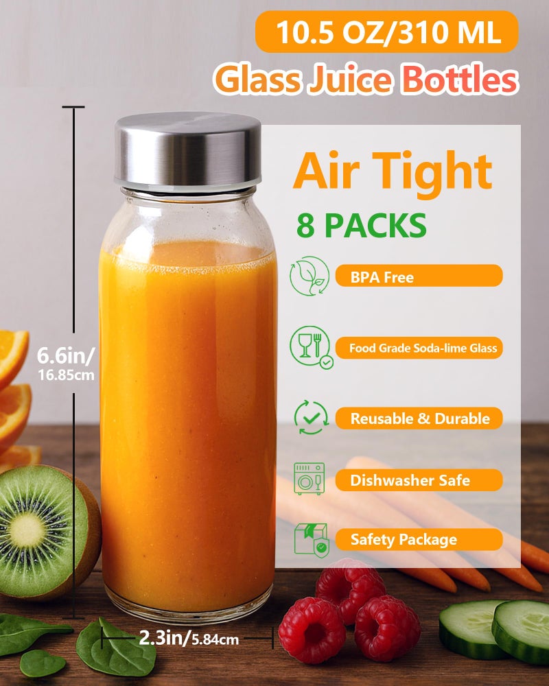 Zukro Glass Water Bottles with Lids 10.5 oz, 8 Pack Clear Reusable Glass Small Juice Bottles With Stainless Steel Cap for Juicing, Milk, Ginger Shot, BPA-Free Leak Proof 300ml Drinking Container Jar - Image 2