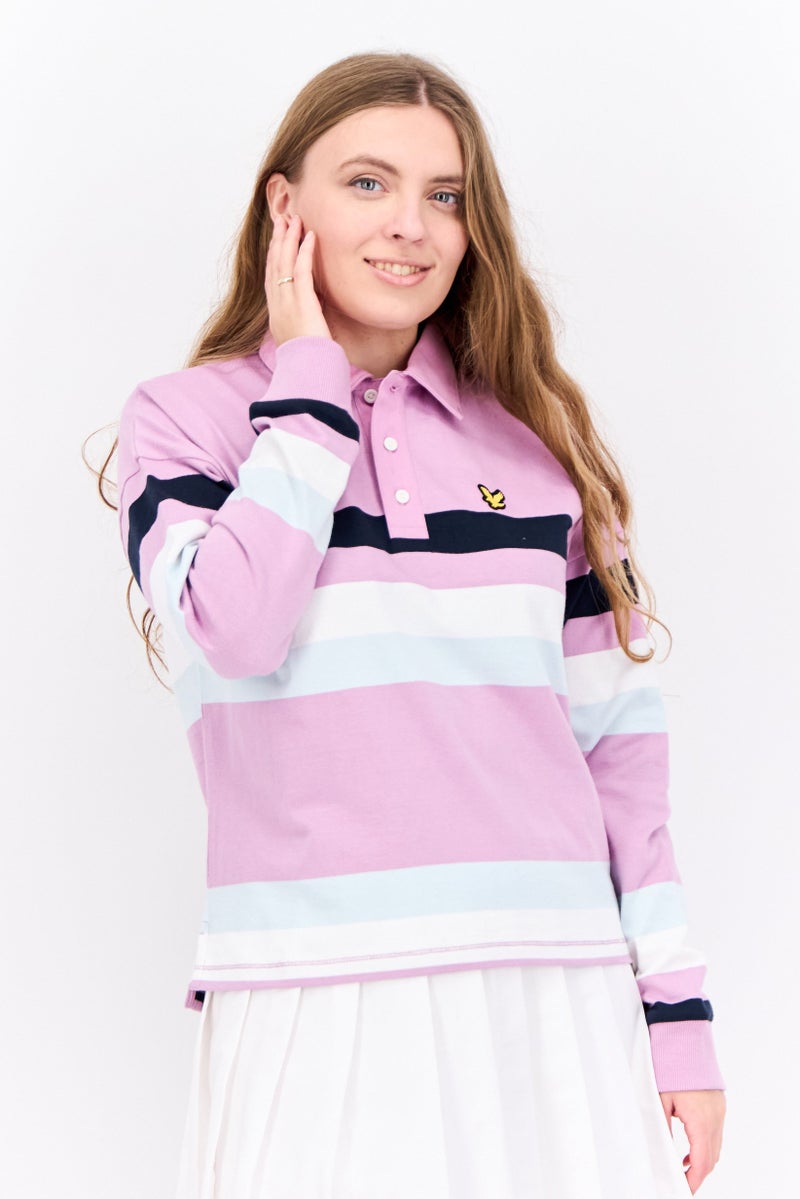 Lyle & Scott Women Regular Fit Embroidered Long Sleeve Polo Shirt, Lilac Combo - Image 1