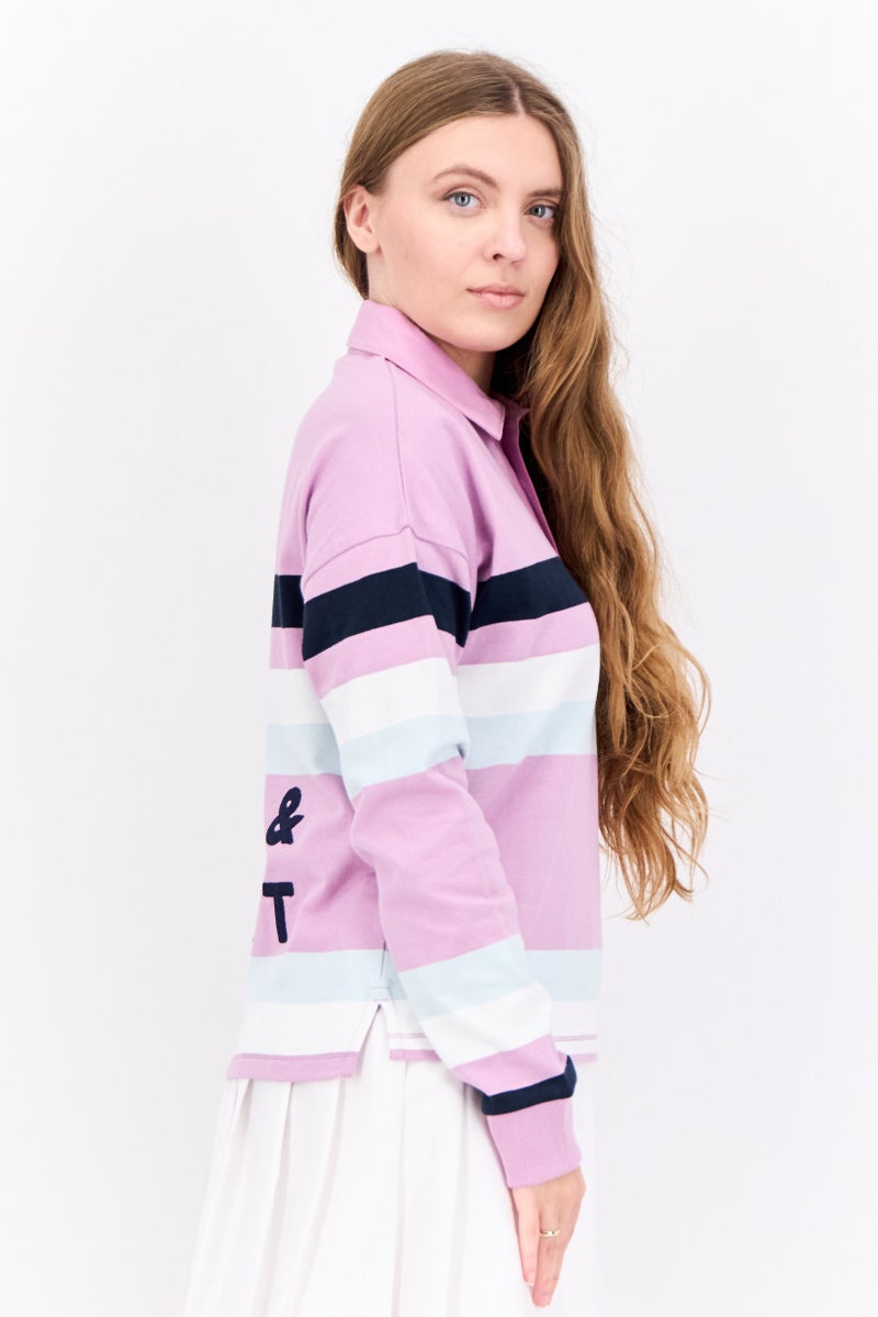 Lyle & Scott Women Regular Fit Embroidered Long Sleeve Polo Shirt, Lilac Combo - Image 2