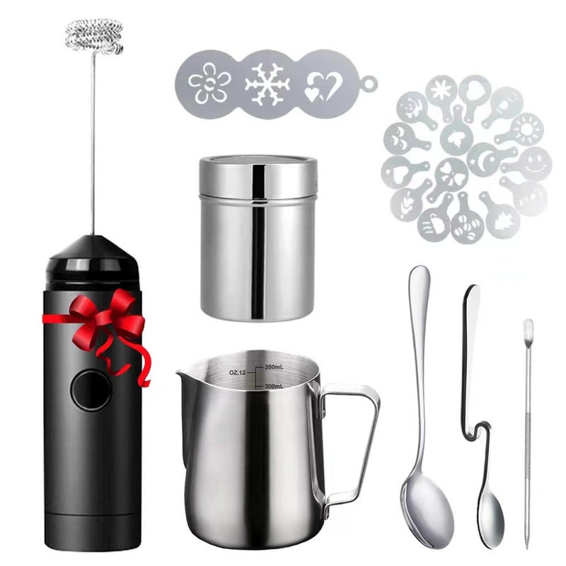 Satu Brown Milk Frother Handheld Art Set  with Milk Frother Pitcher Powder Cocoa Shaker Latte Art Pen Coffee Stencils Coffee Spoons 