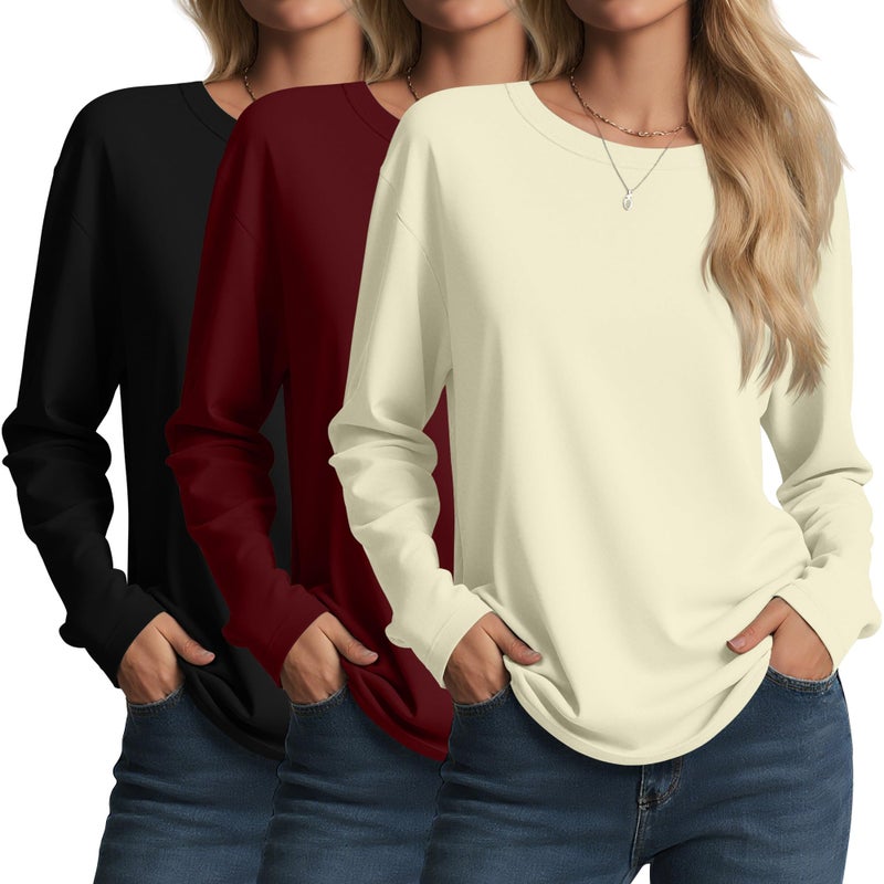 Riyiper 3 Pack Womens Long Sleeve Tunic Tops Side Split Crew Neck Curved Hem Shirts Loose Basic Tee Casual SweatshirtWine Red Cream BlackXXLarge