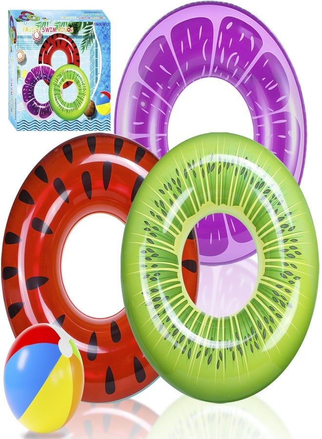 FindUWill 3 Pack Pool Floats, Pool Swim Tubes Rings, Inflatable Pool Floaties Beach Swimming Toys with Beach Ball for Kids and Adults Raft Floaties - Image 1