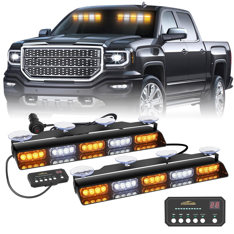 XRIDONSEN 2x 17 inch Emergency Dash Strobe Lights for Trucks Interior Front/Rear Windshield Lights 40 LED Amber White Safety Warning Hazard Lights w/Controller for Plow Trucks Construction Vehicles - Image 1