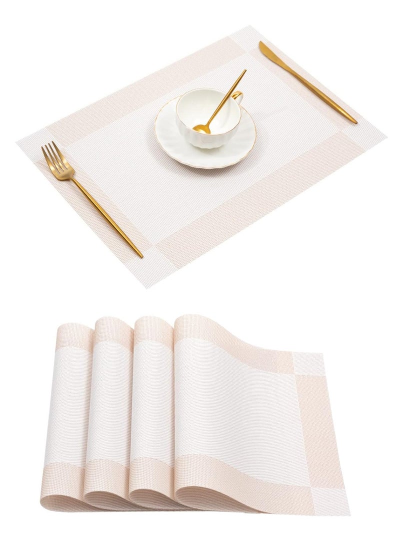 4 قطع من مفارش الأطباق باللون البيج - مفارش طاولة منسوجة متقاطعة مضادة للانزلاق من مادة PVC + حرير البوليستر، مفارش أطباق قابلة للغسل - Image 1
