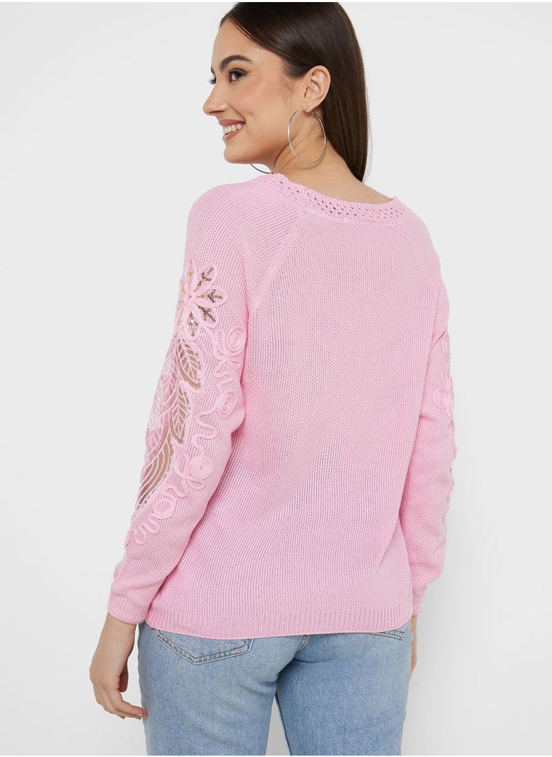 Ginger - Sweater With Lace Sleeve Detail - Image 1