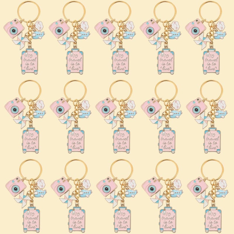 SUNNYCLUE 1 Box 10 Sets Travel Themed Keychains Bulk Airplane Key Chain Pack Cute Pink Enamel Metal Journey Pilot Camera Luggage Charms for Handbags Party Wedding Favor DIY Purse Car Door Keys Women - Image 4