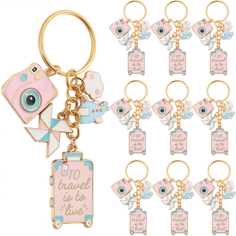 SUNNYCLUE 1 Box 10 Sets Travel Themed Keychains Bulk Airplane Key Chain Pack Cute Pink Enamel Metal Journey Pilot Camera Luggage Charms for Handbags Party Wedding Favor DIY Purse Car Door Keys Women - Image 1