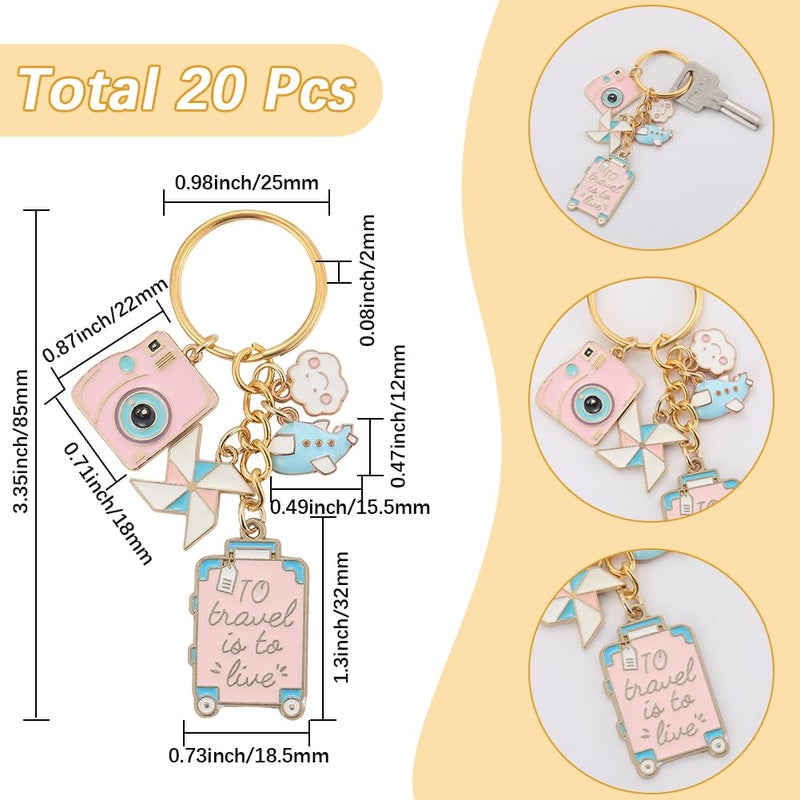 SUNNYCLUE 1 Box 10 Sets Travel Themed Keychains Bulk Airplane Key Chain Pack Cute Pink Enamel Metal Journey Pilot Camera Luggage Charms for Handbags Party Wedding Favor DIY Purse Car Door Keys Women - Image 2