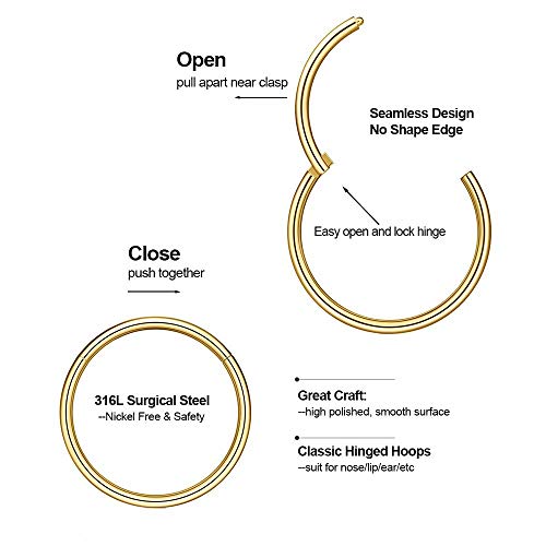 M MOOHAM Nose Rings for Women, 20g 14K-Gold-Plated Nose Ring Hoop Earring Surgical Steel Hypoallergenic Hinged Small Nose Ring 20 Gauge 8mm Septum Lip Ring Cartilage Hoop Earring Conch Piercing Jewelry for Women - Image 2