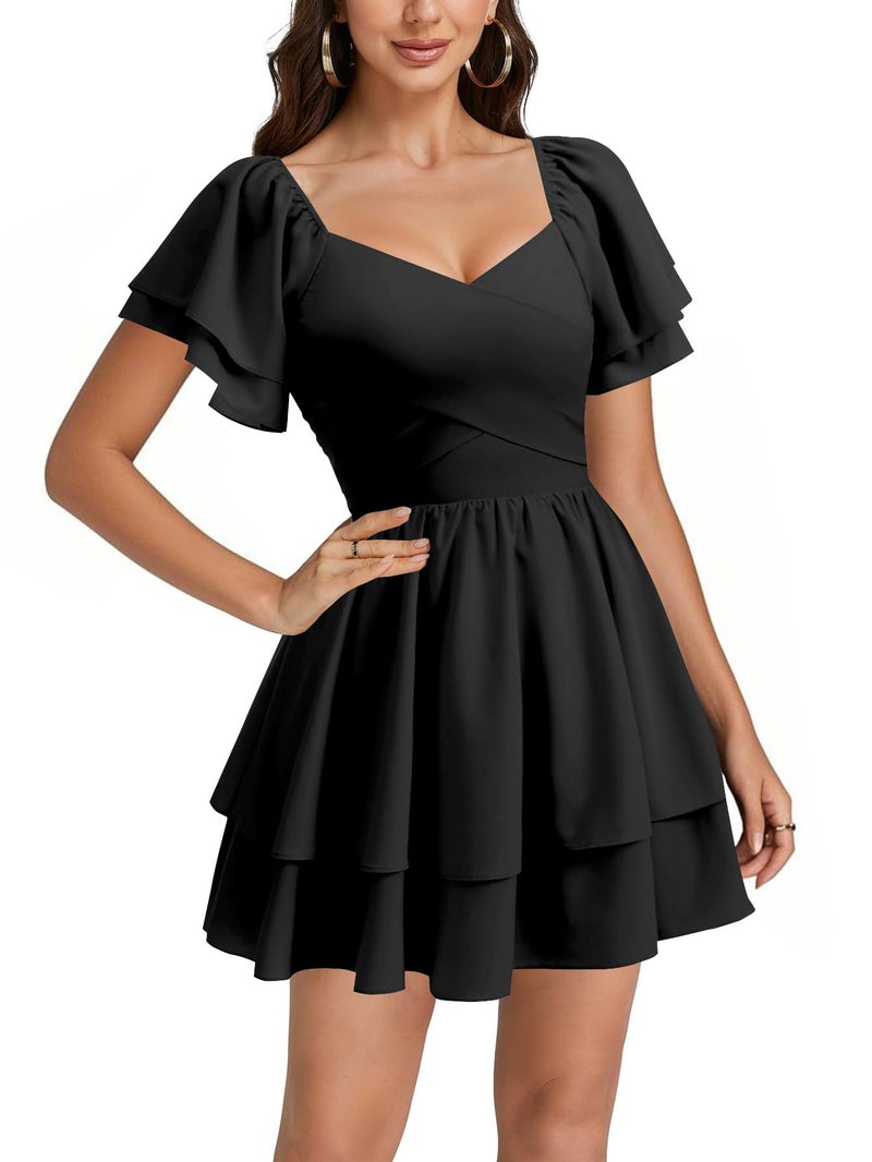 Rooscier Women's Tie Back Wrap V Neck Layered Ruffle Hem A Line Short Sleeve Mini Dress Black X-Large - Image 1