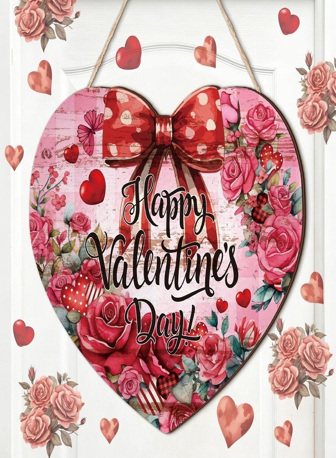 Queekay Valentines Wreaths for Front Door Wooden Watercolor Bow Roses Heart Door Hanger Red Valentines Gift Hanging Wreath Decoration for Farmhouse Home Porch Window Wall Decor - Image 1
