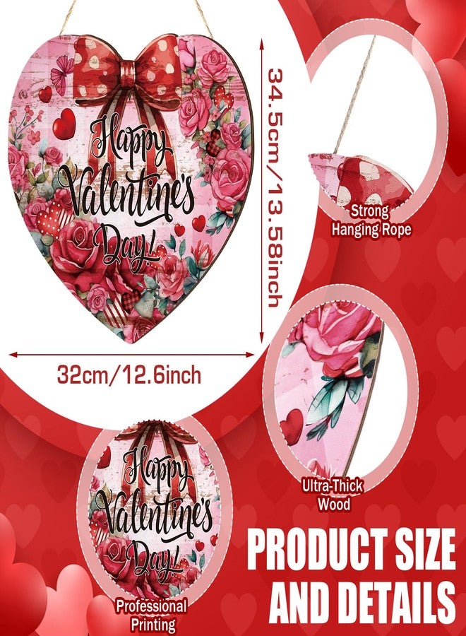 Queekay Valentines Wreaths for Front Door Wooden Watercolor Bow Roses Heart Door Hanger Red Valentines Gift Hanging Wreath Decoration for Farmhouse Home Porch Window Wall Decor - Image 2