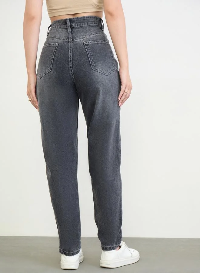 Styli Charcoal Charcoal Mom Fit High Rise Jeans for Women | Best Price UAE