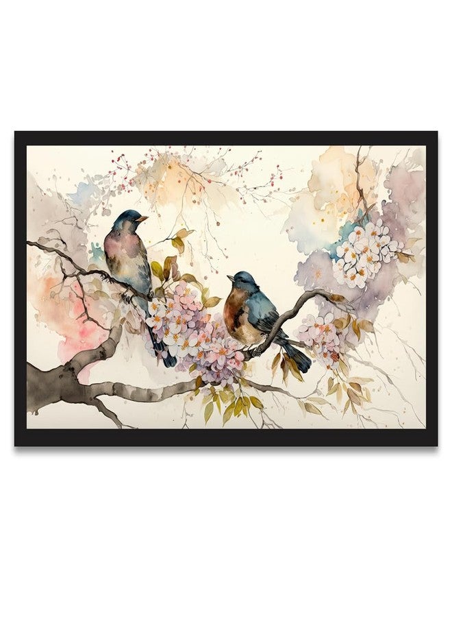 DEKORSTATION Colorful Birds on Stick Blooming Tree with Flower Floating Frame Canvas Wall Painting for Home and Office Decor (18 Inch L x 12 Inch H) - Image 1