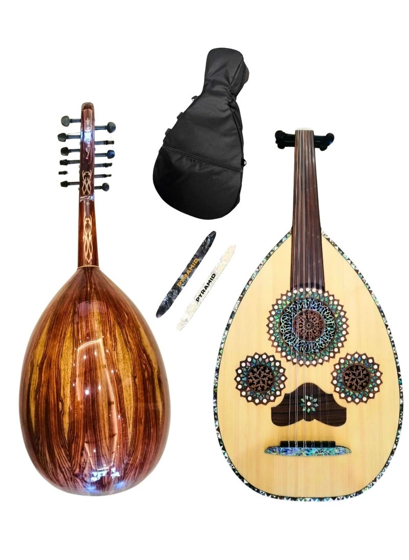 Al-Karz Music Professional Super Lux Musical Oud with Spruce Top Blue Shell Inlay Brazilian Sheesham Back Sheesham Fingerboard Including Case and Picks 