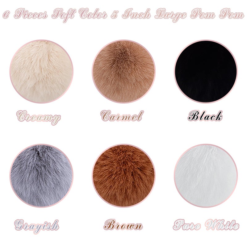 BQTQ 6 Pieces 5 Inch Large Faux Rabbit Fur Pom Pom Balls with Elastic Loop DIY Fluffy Pompoms for Hats Beanie Shoes Bags Keychain Accessories, 6 Soft Colors - Image 2