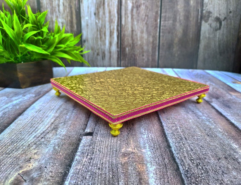 SHINDE EXPORTS Wooden Meenakari Velvet Chowki Bajot choki chaurang patla for Idols and Pooja Articles (Golden, 8x8 inches) - Image 2