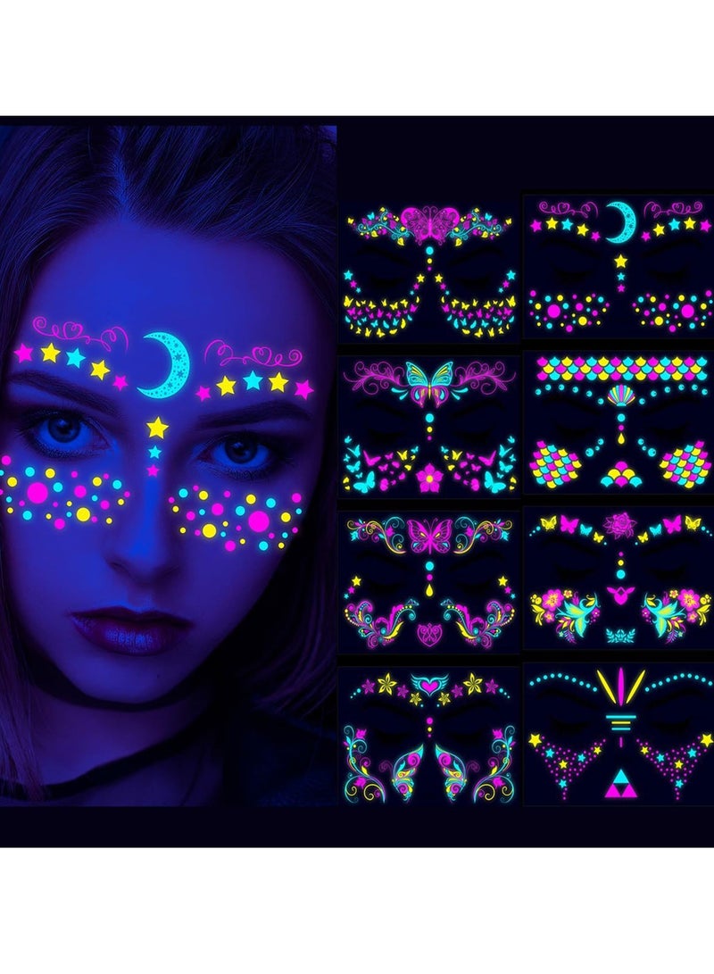 Adando Luminous Face Tattoo Stickers Face Temporary Tattoo Glow in the Dark Tattoo Stickers Flash Fake Butterflies Waterproof Tattoos Stickers for Festival Makeup Rave Accessories (1-8) - Image 1