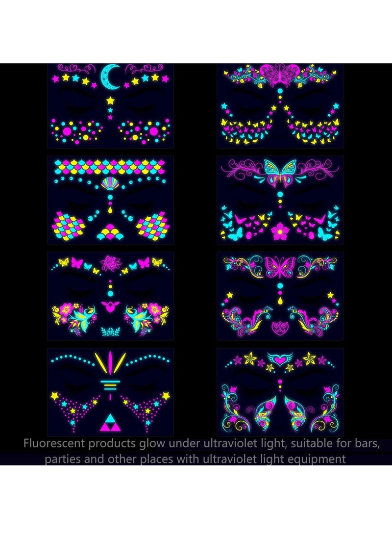 Adando Luminous Face Tattoo Stickers Face Temporary Tattoo Glow in the Dark Tattoo Stickers Flash Fake Butterflies Waterproof Tattoos Stickers for Festival Makeup Rave Accessories (1-8) - Image 2
