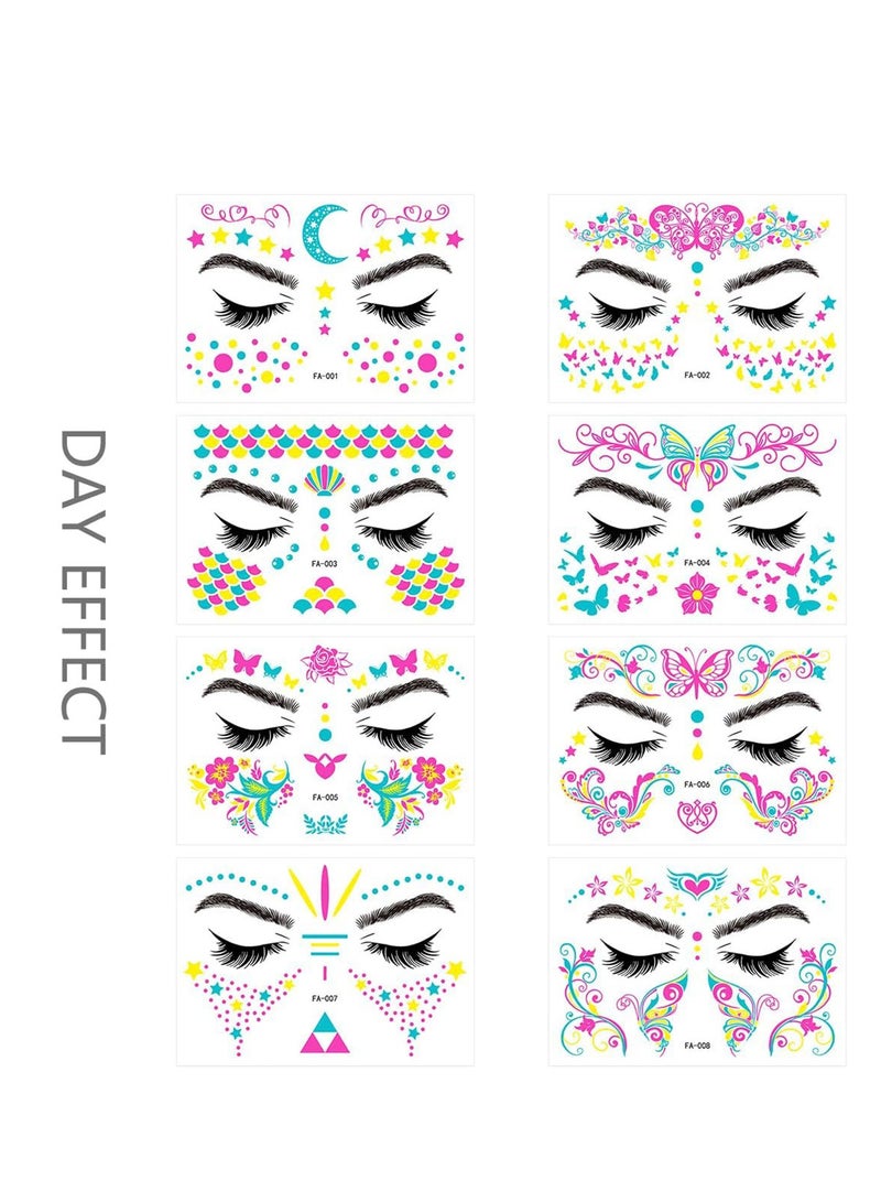 Adando Luminous Face Tattoo Stickers Face Temporary Tattoo Glow in the Dark Tattoo Stickers Flash Fake Butterflies Waterproof Tattoos Stickers for Festival Makeup Rave Accessories (1-8) - Image 3