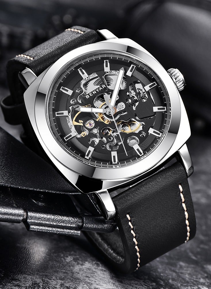 BENYAR Automatic Watches for Men | Skeleton Mechanical Leather Strap Mens Watch | 45mm Dial | 30M Waterproof | Men's Stylish Gift - Image 2