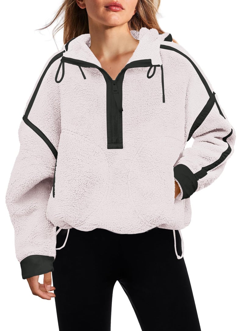 Panadila Womens Half Zip Fleece Pullover Oversized Hoodies Fuzzy Hooded Sweatshirt Cozy Sherpa Jacket (Cream White,S) - Image 1