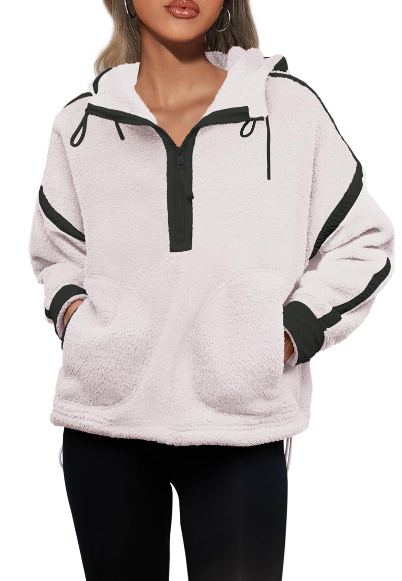 Panadila Womens Half Zip Fleece Pullover Oversized Hoodies Fuzzy Hooded Sweatshirt Cozy Sherpa Jacket (Cream White,S) - Image 2