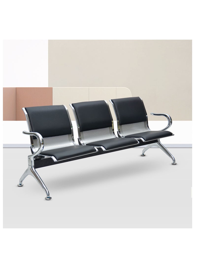 Multi Home Furniture 3 Seater Frame Airport Visitor Chair Office Hospital School With Metal Steel And Armrest Sit MH-222PVC-BLACK/SILVER - Image 1