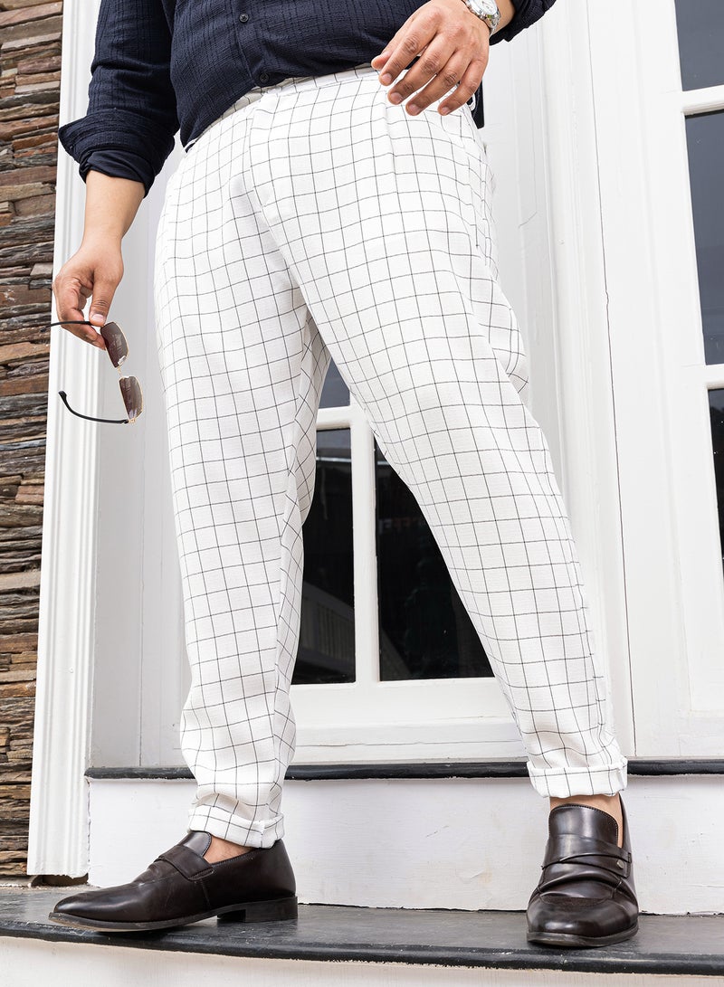 Instafab Plus Instafab Plus Men's Cream White Graph Tailored Trousers For Casual Wear | Mid-Rise | Regular Fit | Button Closure | Plus Size Trousers Crafted With Comfort Fit For Everyday Wear  - Image 1