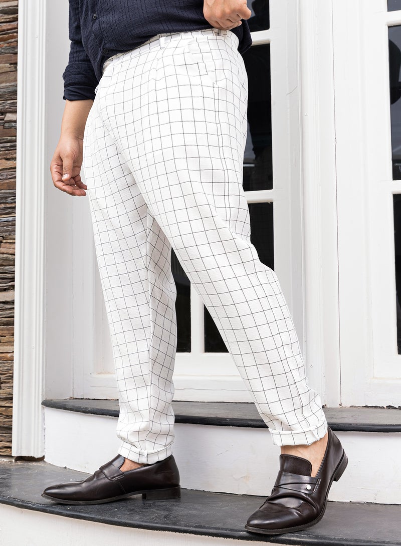 Instafab Plus Instafab Plus Men's Cream White Graph Tailored Trousers For Casual Wear | Mid-Rise | Regular Fit | Button Closure | Plus Size Trousers Crafted With Comfort Fit For Everyday Wear  - Image 3