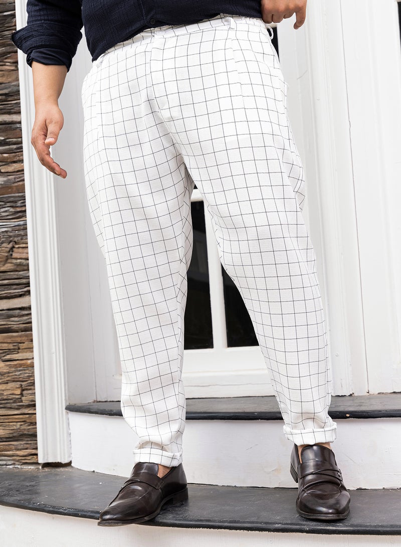 Instafab Plus Instafab Plus Men's Cream White Graph Tailored Trousers For Casual Wear | Mid-Rise | Regular Fit | Button Closure | Plus Size Trousers Crafted With Comfort Fit For Everyday Wear  - Image 2