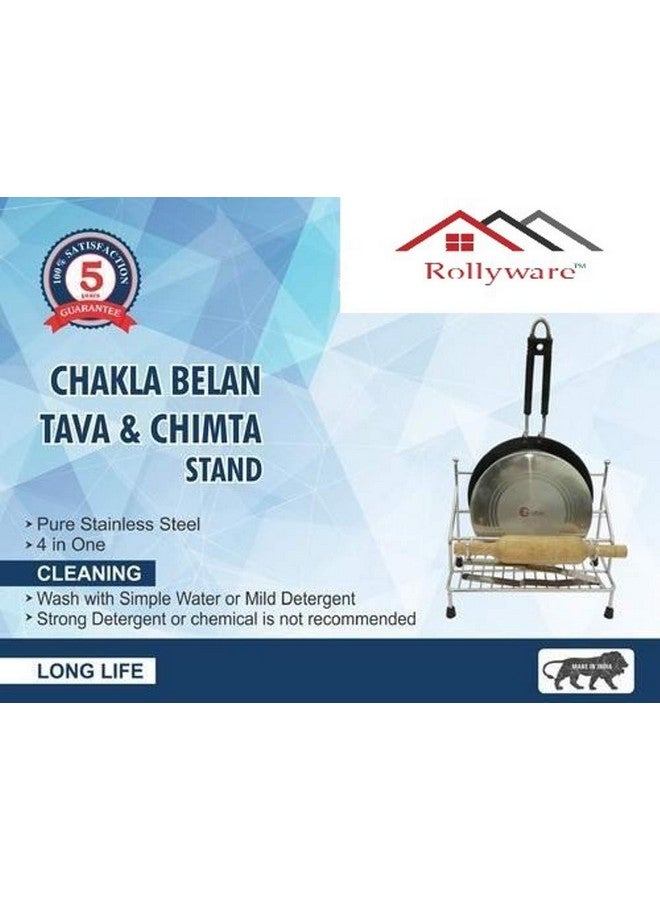 ROLLYWARE 100% Stainless Steel Belan And Chakla Stand With 2 Adhesive Smiley, Belan Tava Rolling Pin Holder, Lightweight, Durable Chakla Holder For Kitchen, 4in1 Kitchen Rack - Image 3