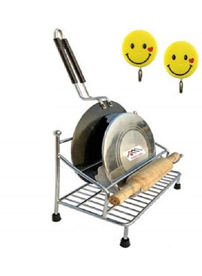 ROLLYWARE 100% Stainless Steel Belan And Chakla Stand With 2 Adhesive Smiley, Belan Tava Rolling Pin Holder, Lightweight, Durable Chakla Holder For Kitchen, 4in1 Kitchen Rack - Image 1