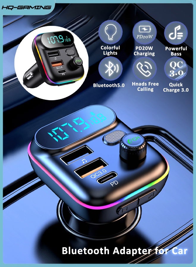 HQ-GAMING Bluetooth Adapter for Car, Wireless FM Radio Transmitter, Wireless Bluetooth 5.0, MP3 Music Player, QC3.0 + PD 20W USB Car Charger, 7 Colors LED Backlit - Image 1