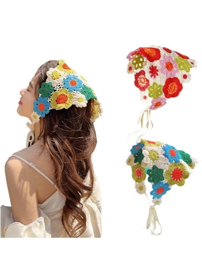 قطعتان من عصابات الشعر الكروشيه النسائية، وشاح شعر محبوك، غطاء رأس للفتيات، عصابة رأس زهرية عتيقة، إكسسوارات شعر، وشاح رأس زهري مثلث، عصابات رأس مجوفة محبوكة - Image 1