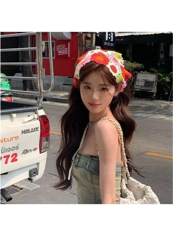 قطعتان من عصابات الشعر الكروشيه النسائية، وشاح شعر محبوك، غطاء رأس للفتيات، عصابة رأس زهرية عتيقة، إكسسوارات شعر، وشاح رأس زهري مثلث، عصابات رأس مجوفة محبوكة - Image 4