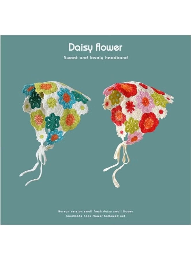 قطعتان من عصابات الشعر الكروشيه النسائية، وشاح شعر محبوك، غطاء رأس للفتيات، عصابة رأس زهرية عتيقة، إكسسوارات شعر، وشاح رأس زهري مثلث، عصابات رأس مجوفة محبوكة - Image 5