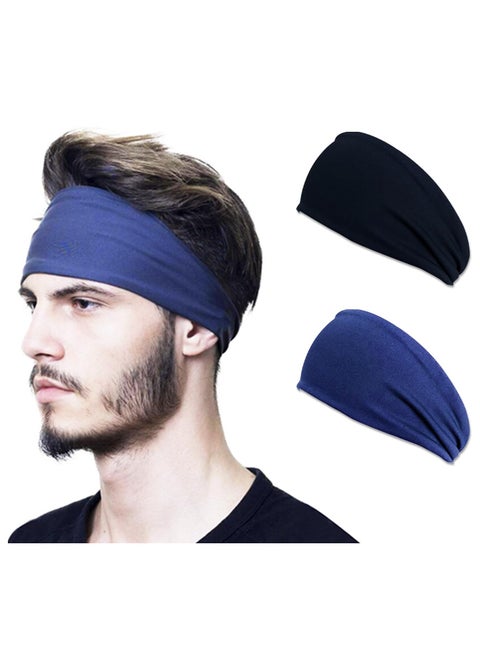 2Pcs Sweat Absorbent Sports Headband Elastic Non slip Headband Workout Sweatbands for Fitness Running Cycling Yoga (Black and Blue)