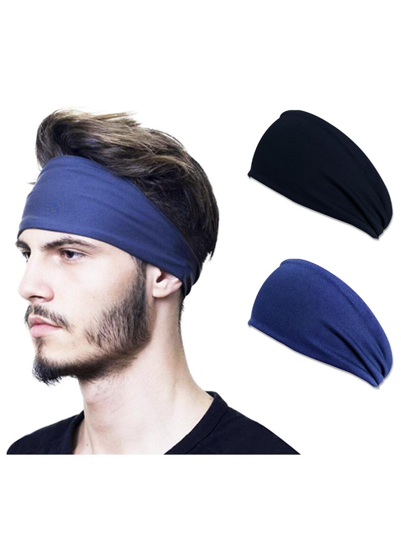 2Pcs Sweat Absorbent Sports Headband Elastic Non slip Headband Workout Sweatbands for Fitness Running Cycling Yoga (Black and Blue)