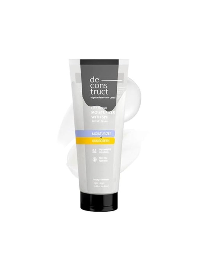 ديكونستركت مرطب وواقي من الشمس 2 في 1 من Deconstruct | عامل حماية من الشمس SPF 50 PA++++، مرطب خالٍ من الزيوت وواقي من الشمس على شكل جل، تم اختباره في المختبر (Invivo)، خفيف الوزن، غير دهني، للبشرة الدهنية والمختلطة والعادية | للرجال والنساء - 50 جم - Image 1
