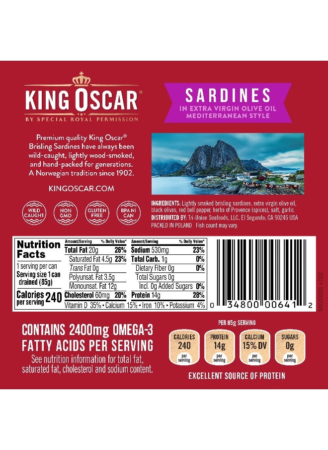 KING OSCAR King Oscar, Wild Caught Sardines, Mediterranean Style, 3.75 oz (106 g)  - Image 2