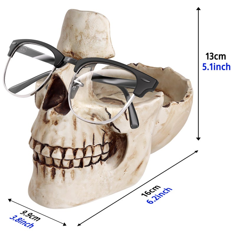 READAEER Skull Glasses Stand Holder, Creative Eyeglasses Holder, Sunglasses Spectacle Display Rack, Key Holder Resin Sculptures for Entryway, Home, Office, Desk, Nightstand (White) - Image 2