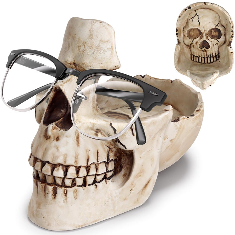 READAEER Skull Glasses Stand Holder, Creative Eyeglasses Holder, Sunglasses Spectacle Display Rack, Key Holder Resin Sculptures for Entryway, Home, Office, Desk, Nightstand (White) - Image 1
