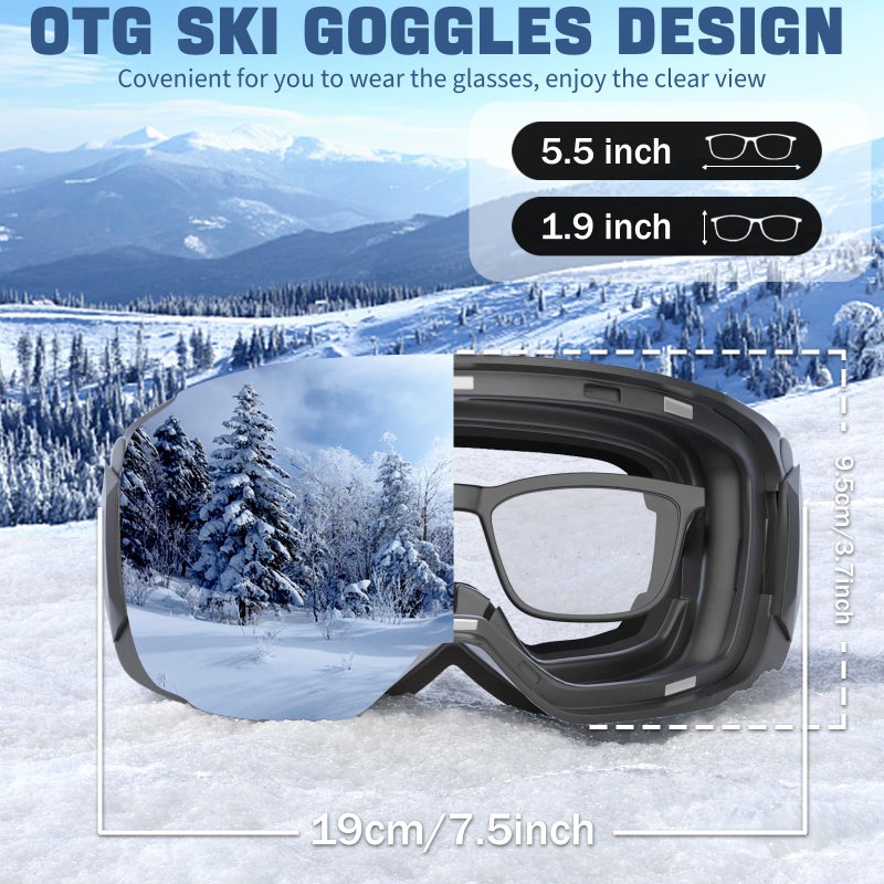 COOLOO Snow/Ski Goggles, Snowboard Goggles for Men Women Youth -OTG, Magnetic Lens Frameless Anti Fog 100% UV Protection - Image 5